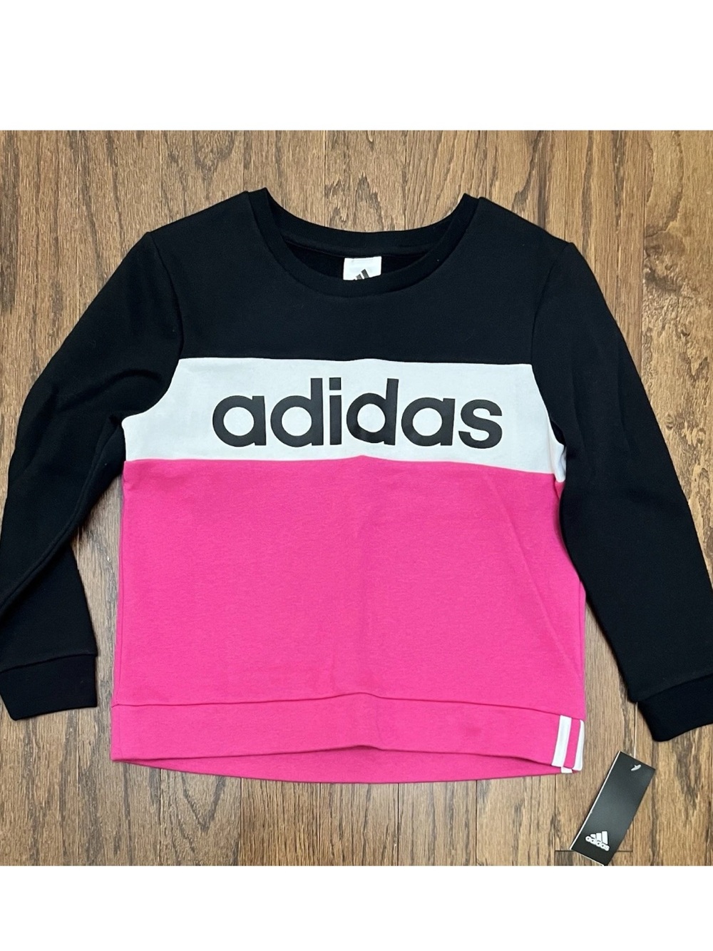 adidas Pink, Black & White Colorblock Crew Sweatshirt Girls Large 14 NWT